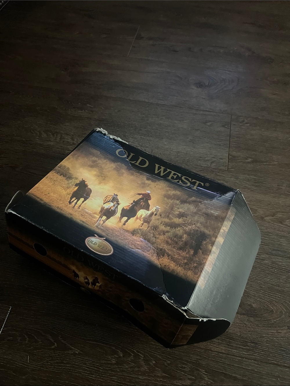 Old West Brown and Black Cowboy Boot Box with Horse Scene